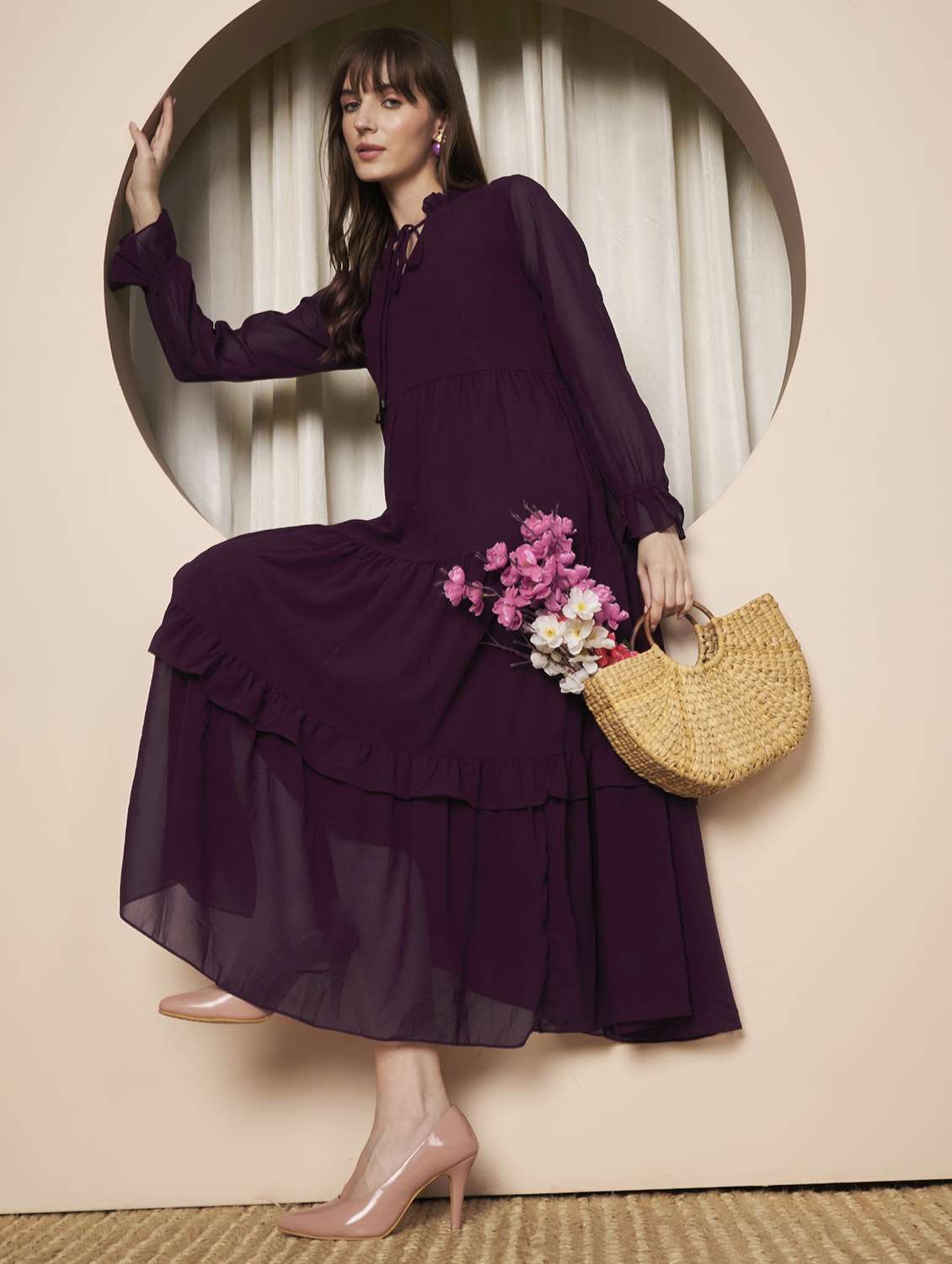 women solid long sleeve tiered maxi dress