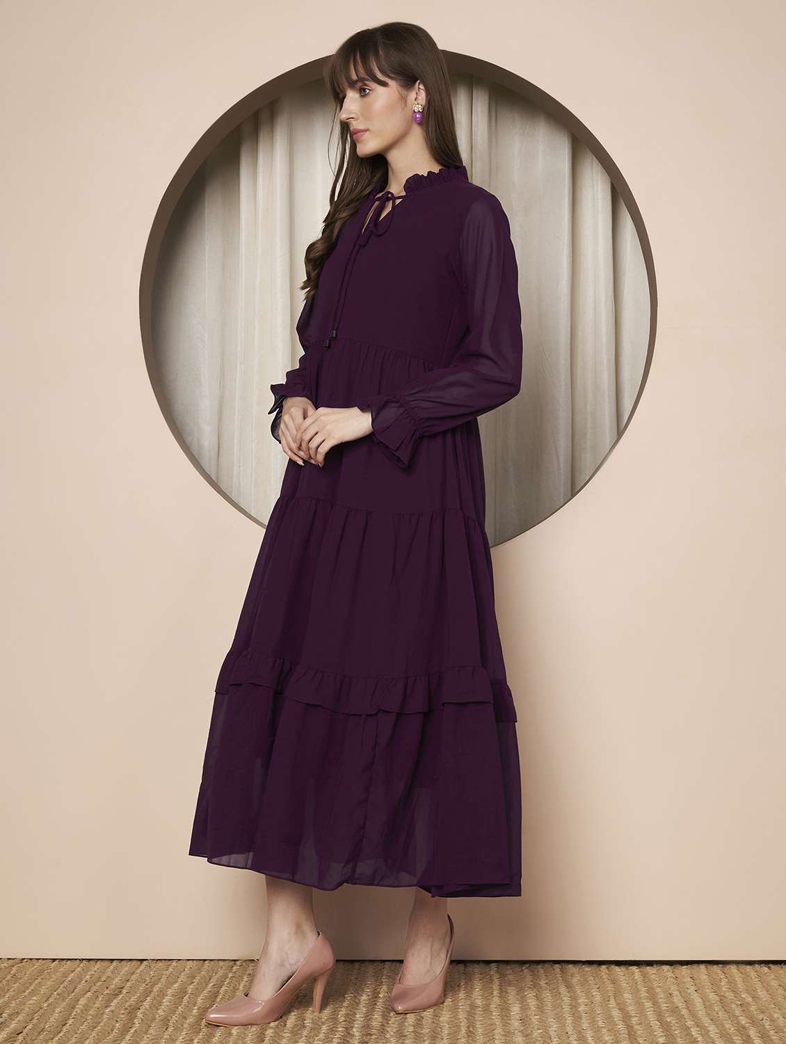 women solid long sleeve tiered maxi dress - 22328811 -  Standard Image - 2