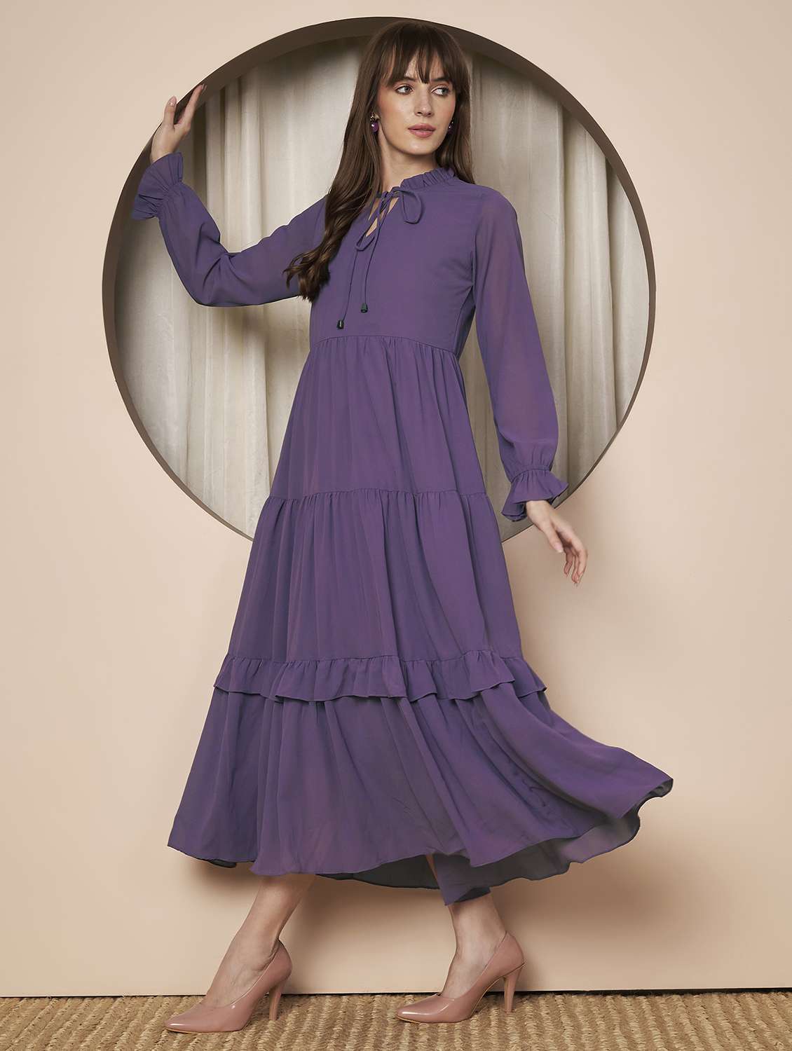 women solid long sleeve tiered maxi dress - 22328812 -  Standard Image - 2