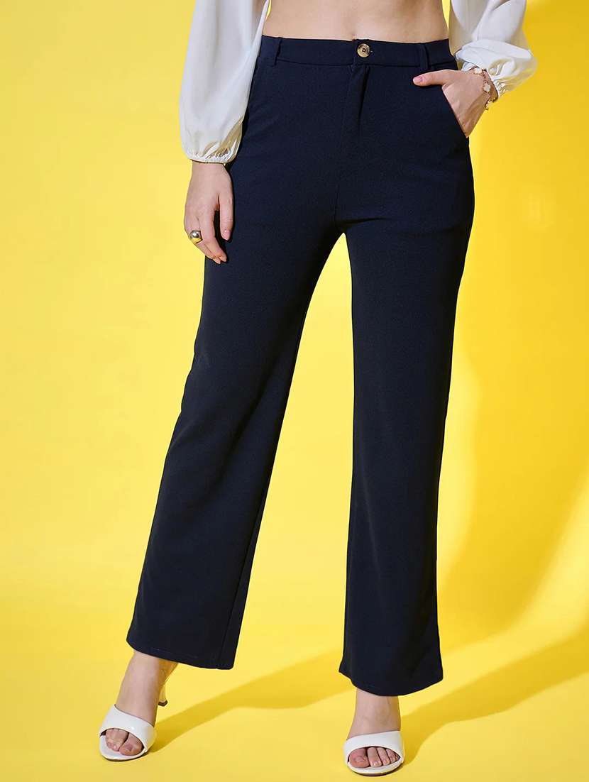 women solid high rise straight trouser