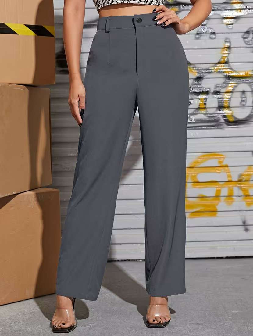 women solid high rise straight trouser
