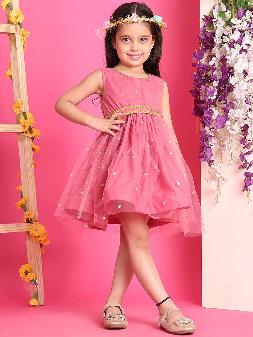 girls solid with work round neck fit & flare dress