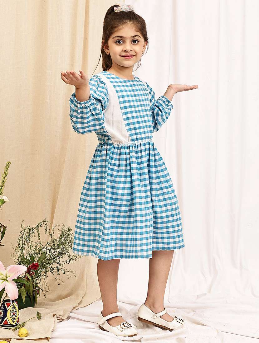 girls checkered puff sleeve a-line dress - 22329606 -  Standard Image - 2