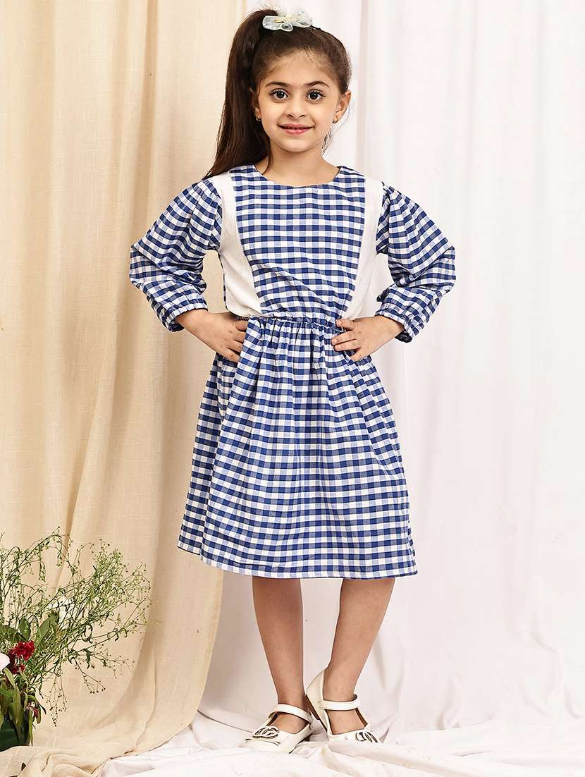 girls checkered puff sleeve a-line dress - 22329607 -  Standard Image - 2