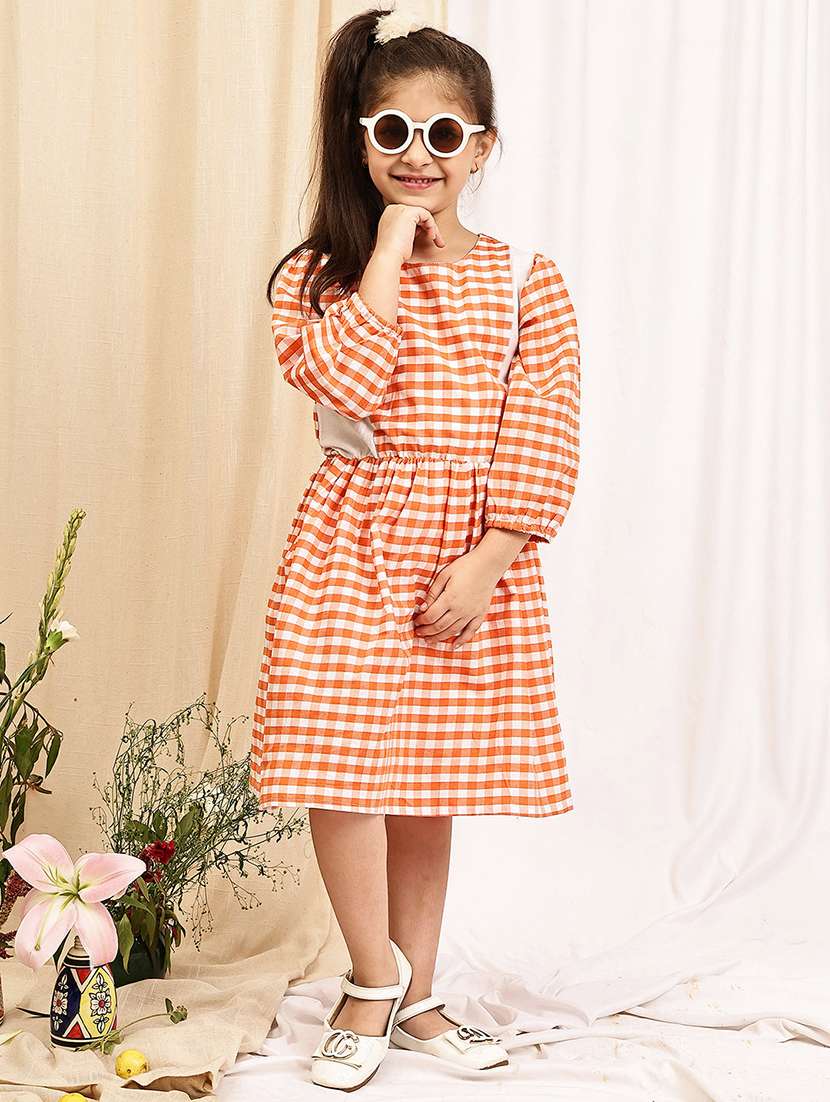 girls checkered puff sleeve a-line dress