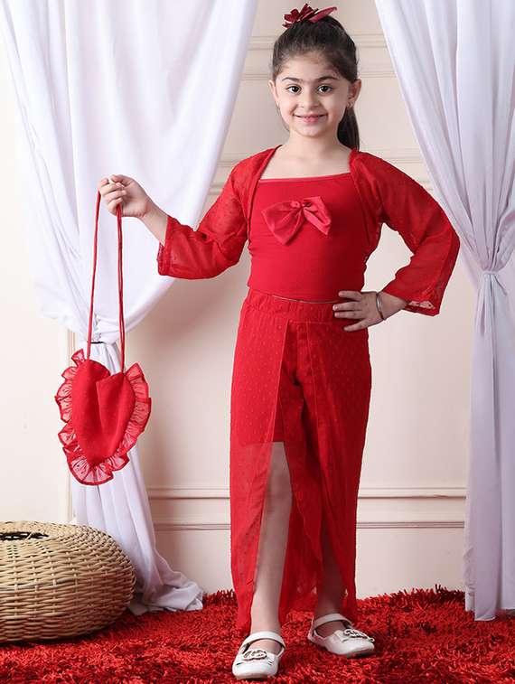 girls solid top and shorts set with wrap skirt - 22329664 -  Standard Image - 2