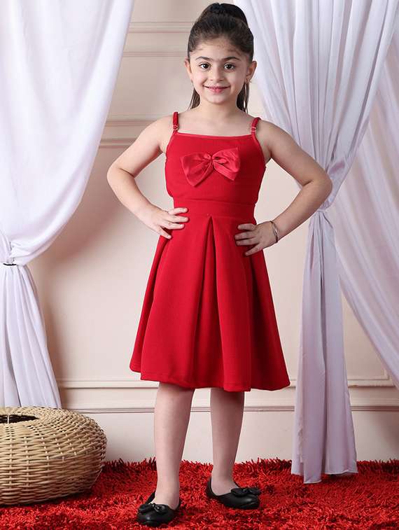 girls solid shoulder strap flared dress - 22329667 -  Standard Image - 2
