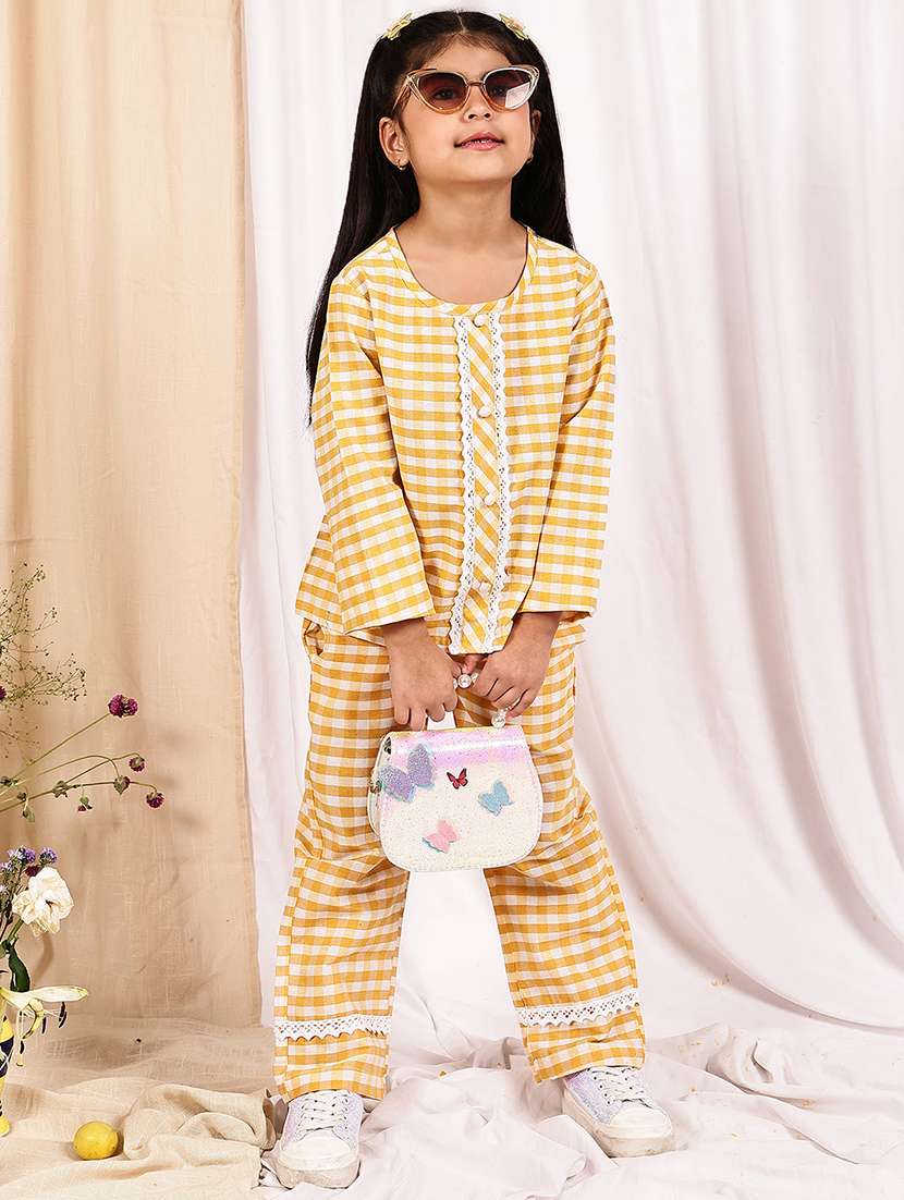 girls checkered long sleeve top & trouser co-ord set