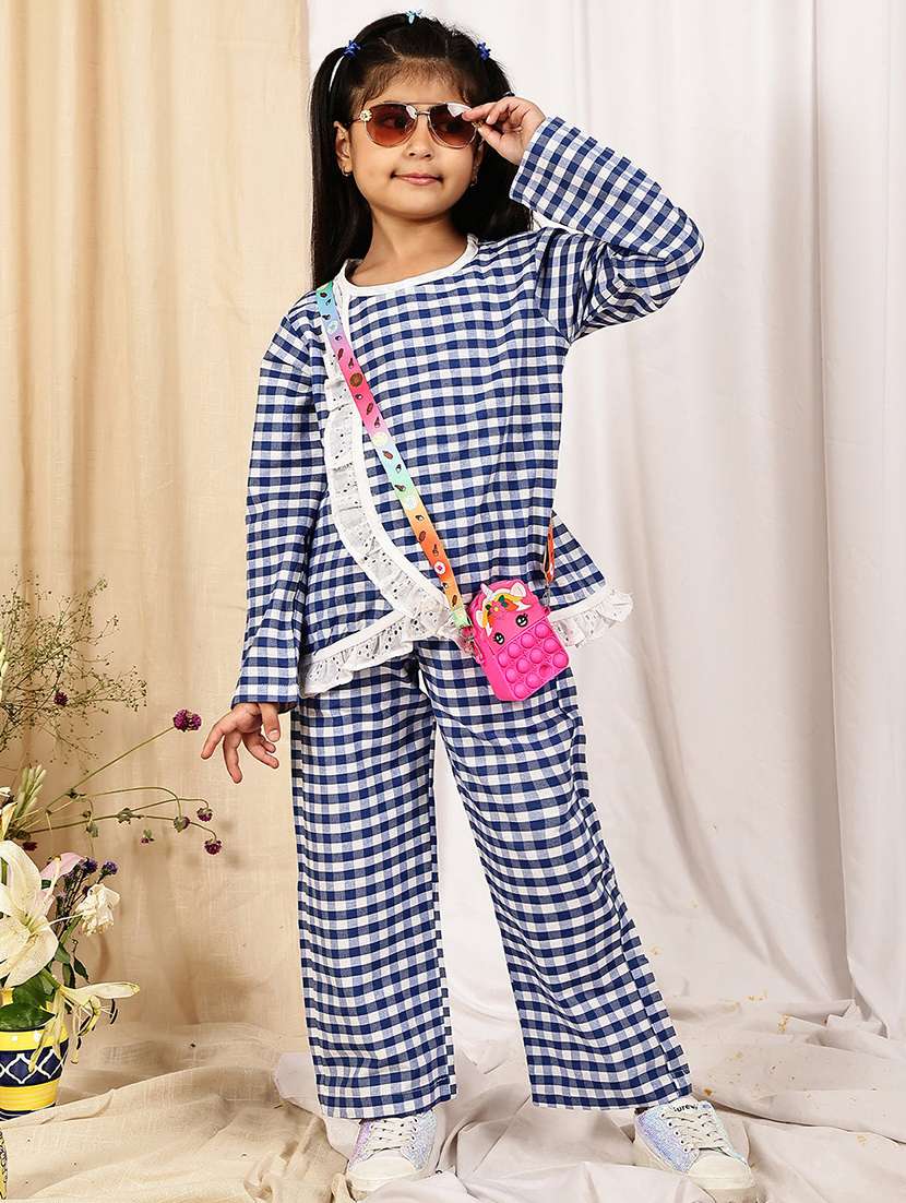 girls checkered long sleeve top & trouser co-ord set