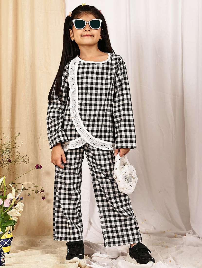 girls checkered long sleeve top & trouser co-ord set