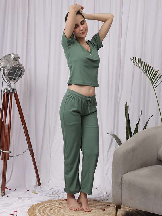women solid nightwear pyjama set - 22330024 -  Standard Image - 2