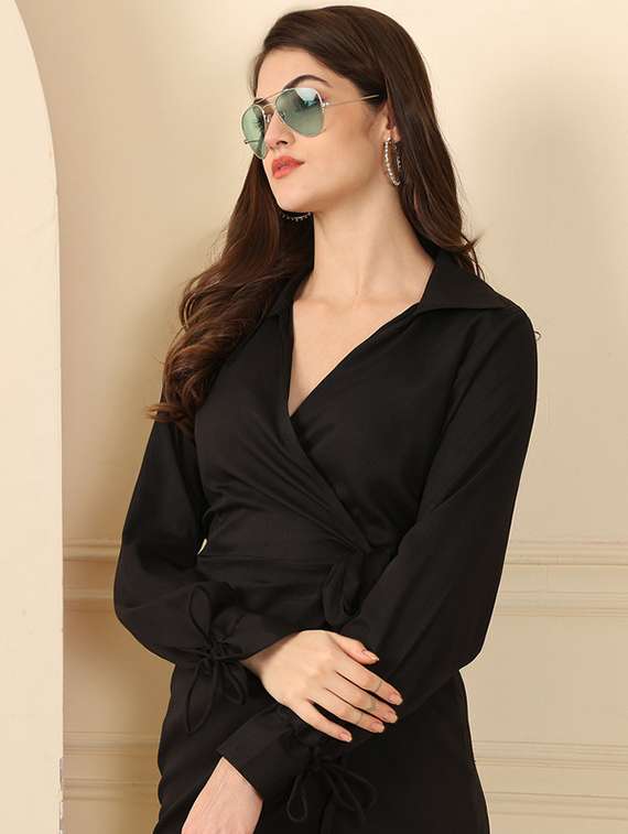women solid collared long sleeve wrap dress - 22330249 -  Standard Image - 2