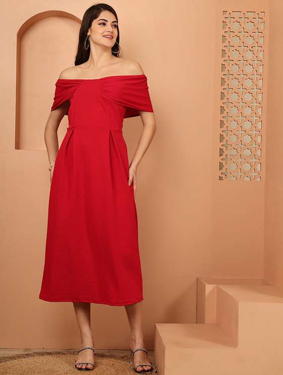 women solid off shoulder a-line dress - 22330252 -  Standard Image - 2