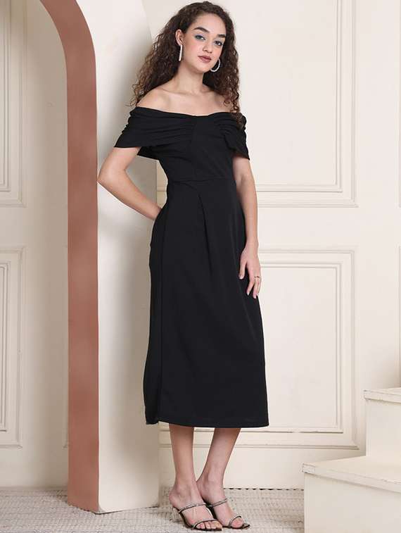 women solid off shoulder a-line dress - 22330253 -  Standard Image - 2