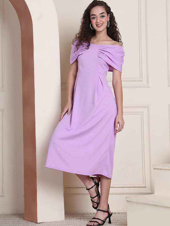women solid off shoulder a-line dress - 22330254 -  Standard Image - 2
