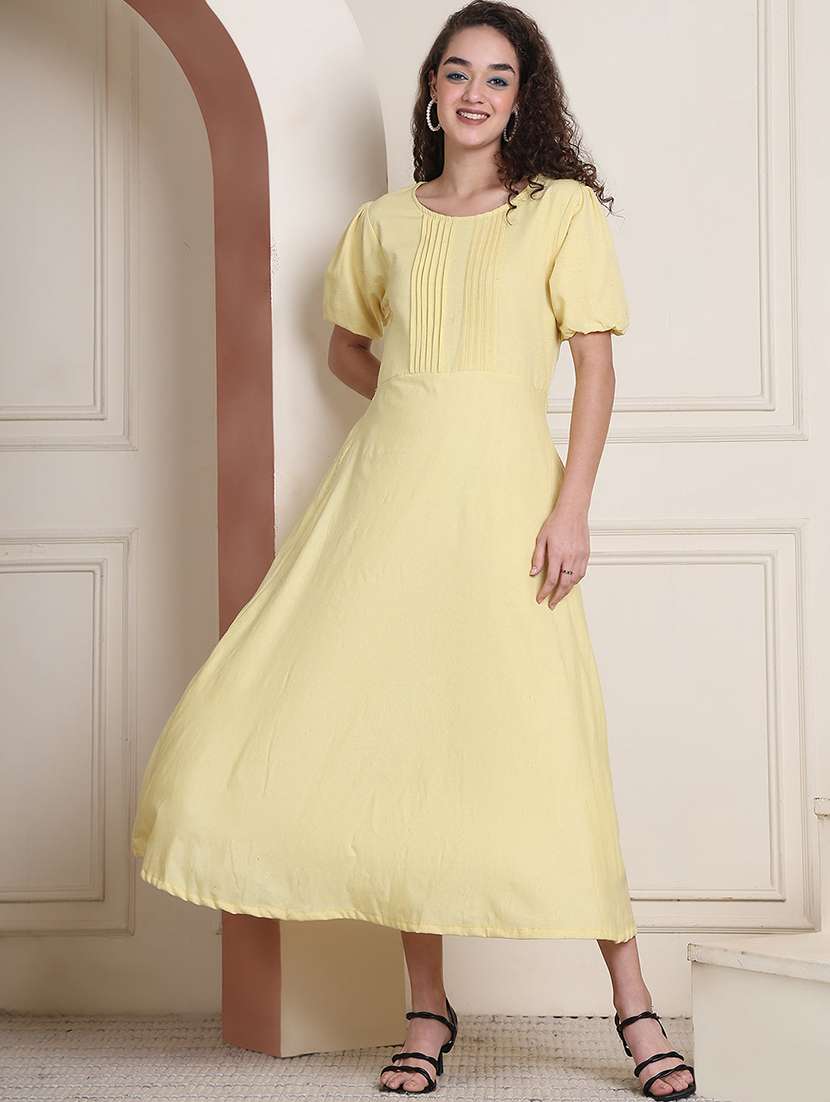 women solid puff sleeve a-line dress - 22330255 -  Standard Image - 2