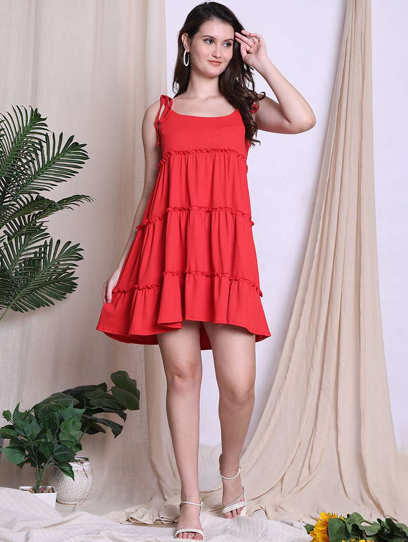 women solid shoulder strap tiered dress