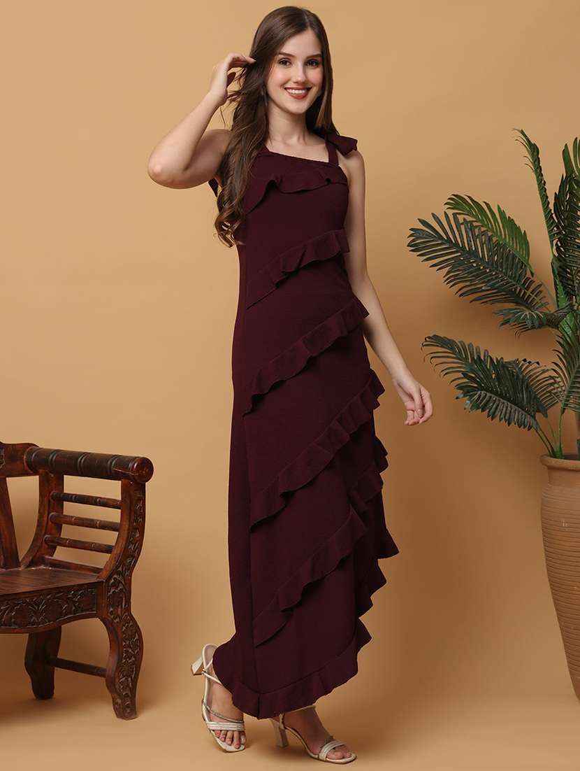 women solid shoulder strap ruffle dress - 22330275 -  Standard Image - 2