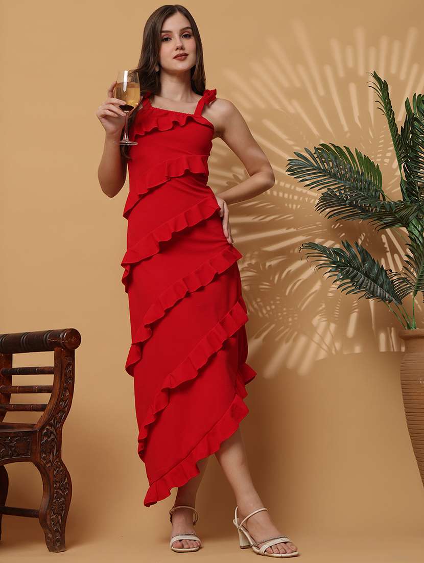 women solid shoulder strap ruffle dress