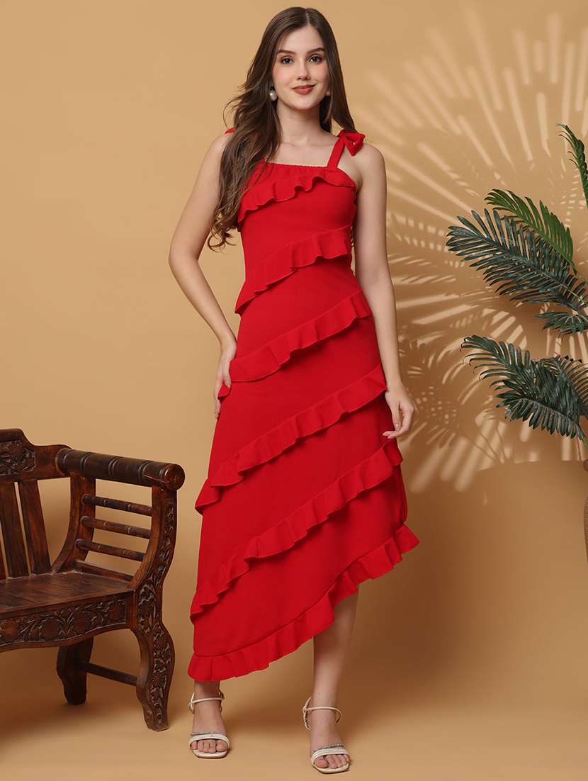 women solid shoulder strap ruffle dress - 22330276 -  Standard Image - 2