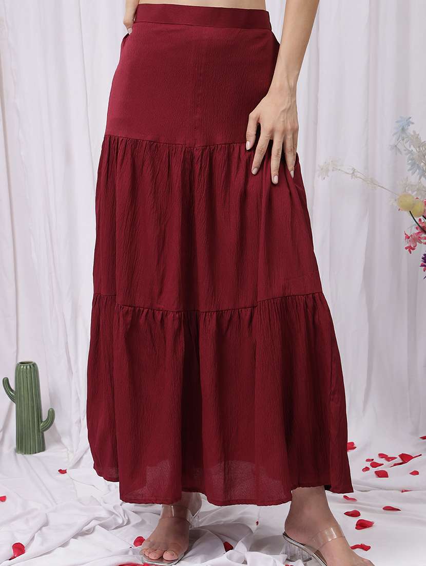 women solid high rise tiered skirt