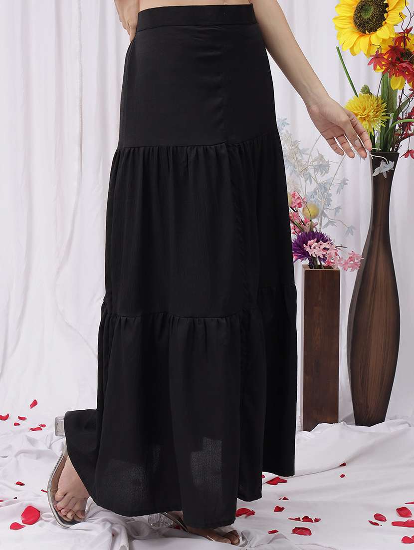 women solid high rise tiered skirt