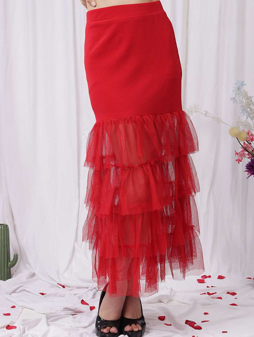 women solid high rise tiered skirt