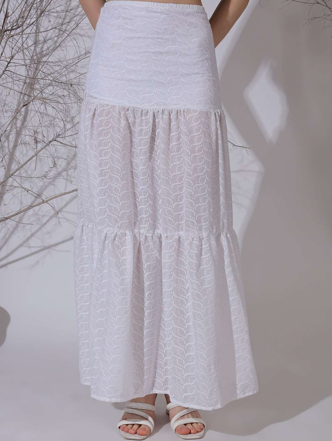 women solid high rise tiered skirt