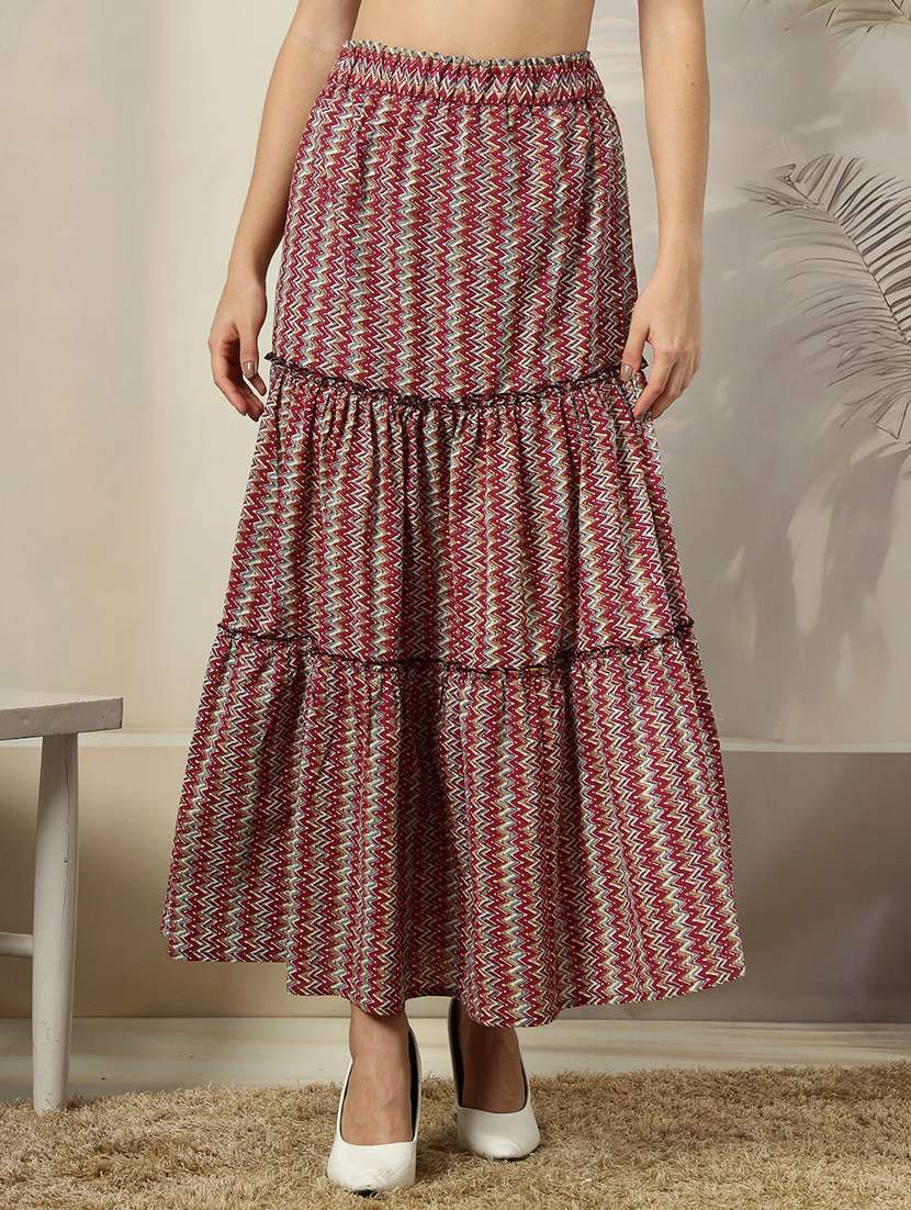 women printed high rise tiered skirt