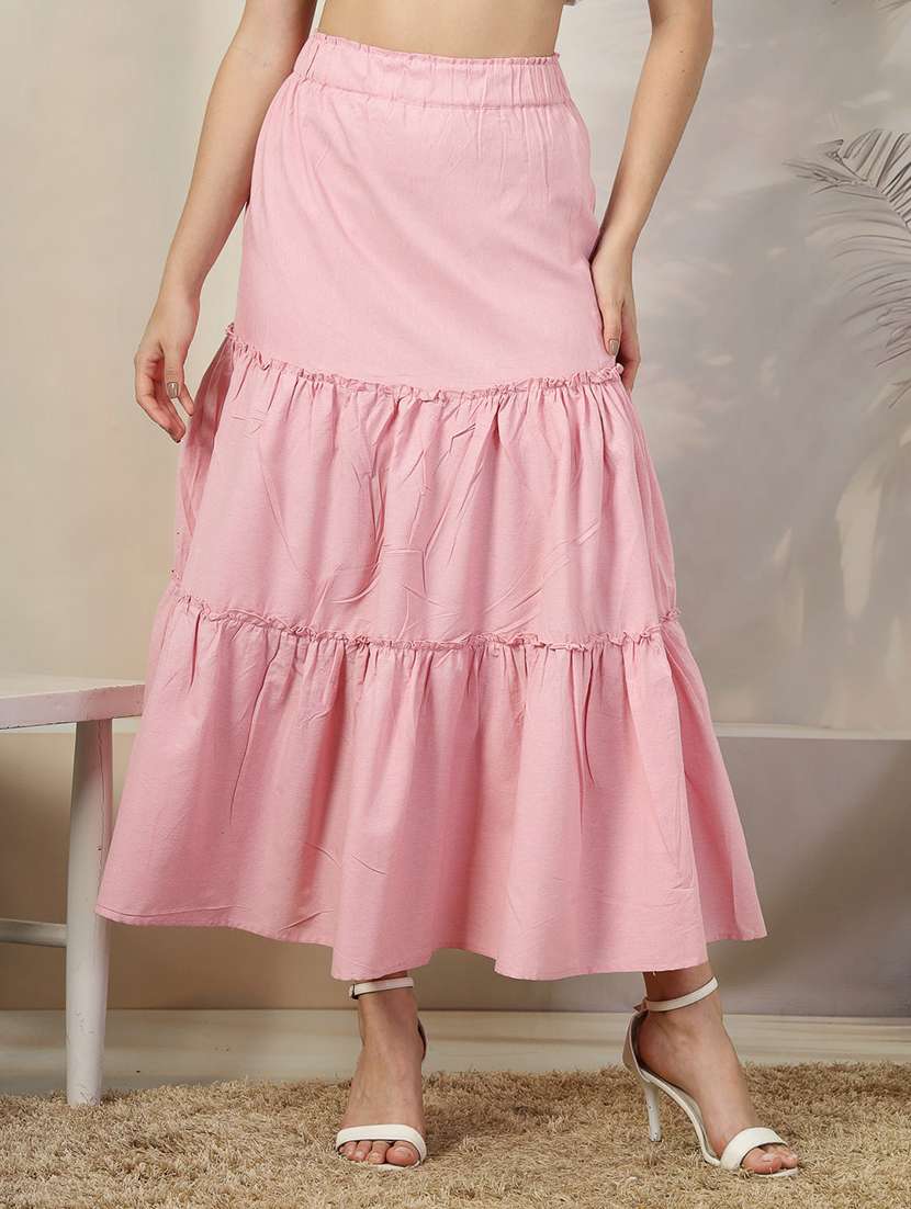 women solid high rise tiered skirt