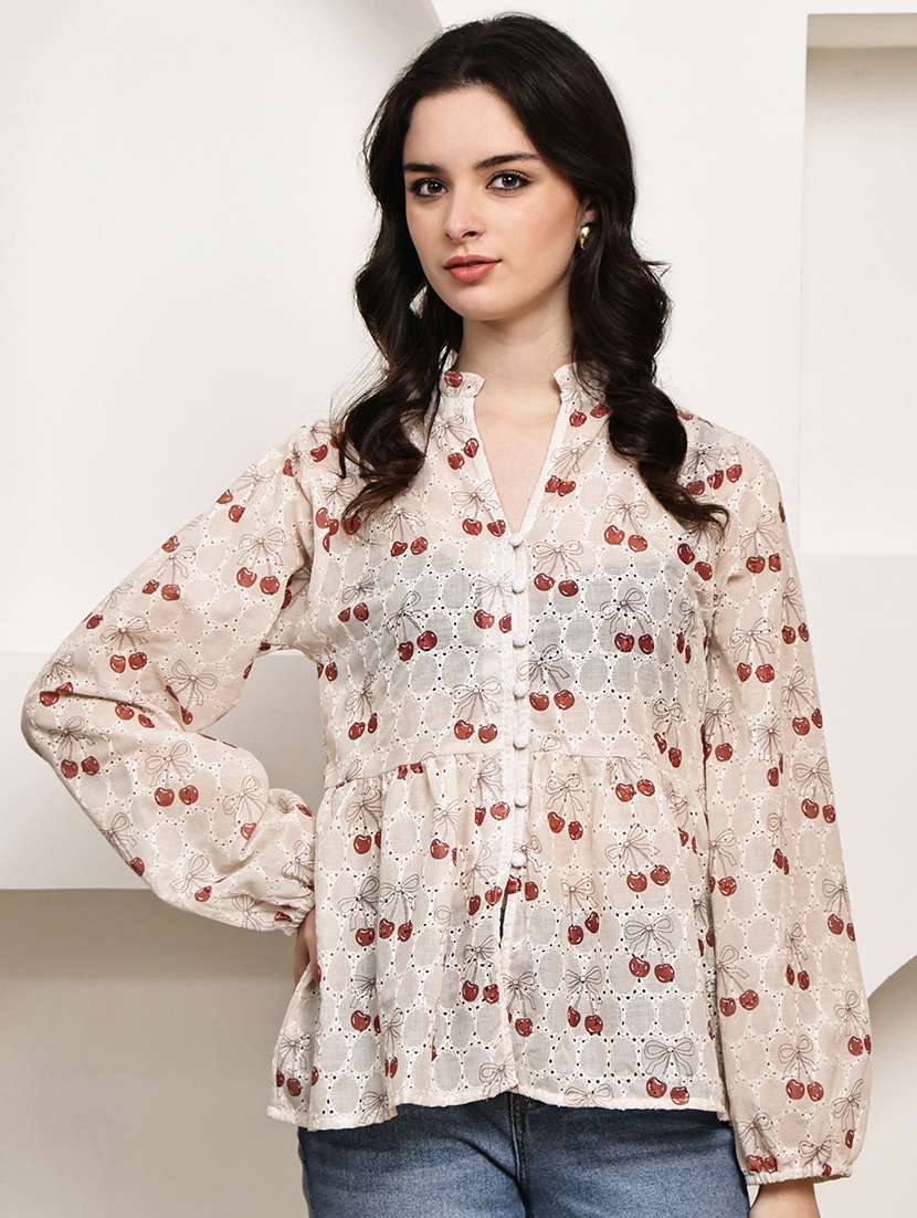 women printed puff sleeve peplum top