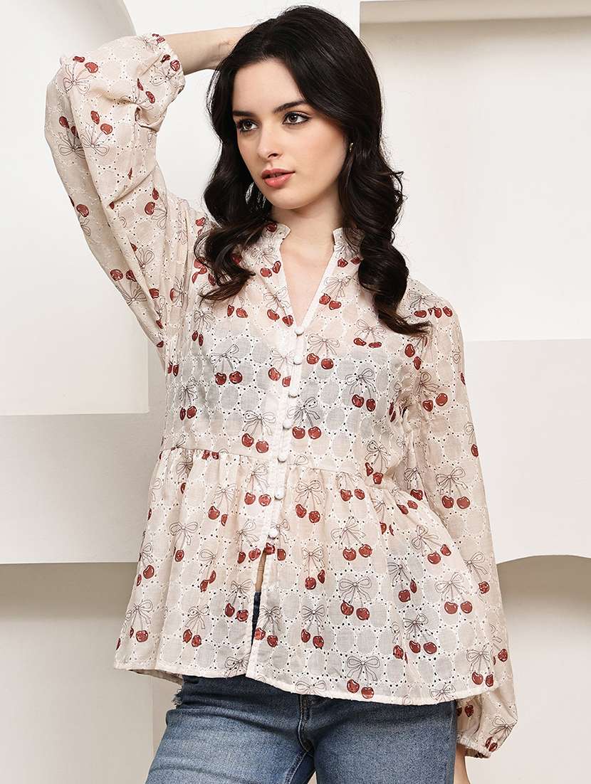 women printed puff sleeve peplum top - 22330398 -  Standard Image - 2