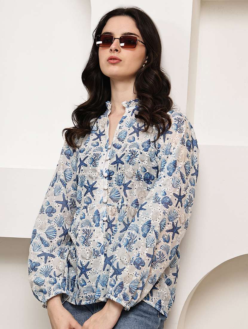 women printed puff sleeve peplum top