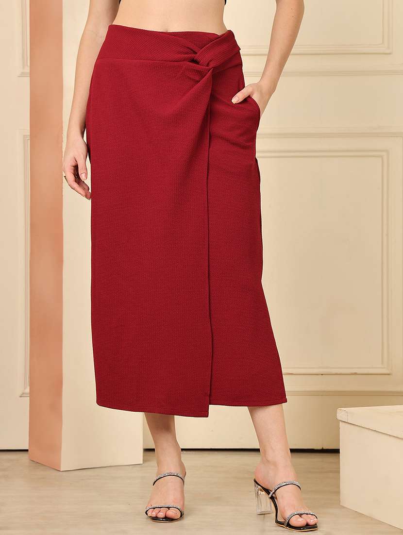 women solid mid rise wrap skirt
