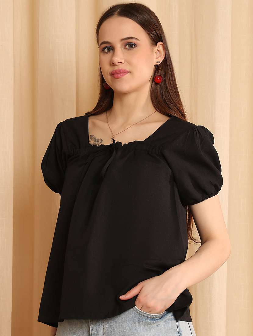 women solid puff sleeve a-line top - 22330466 -  Standard Image - 2
