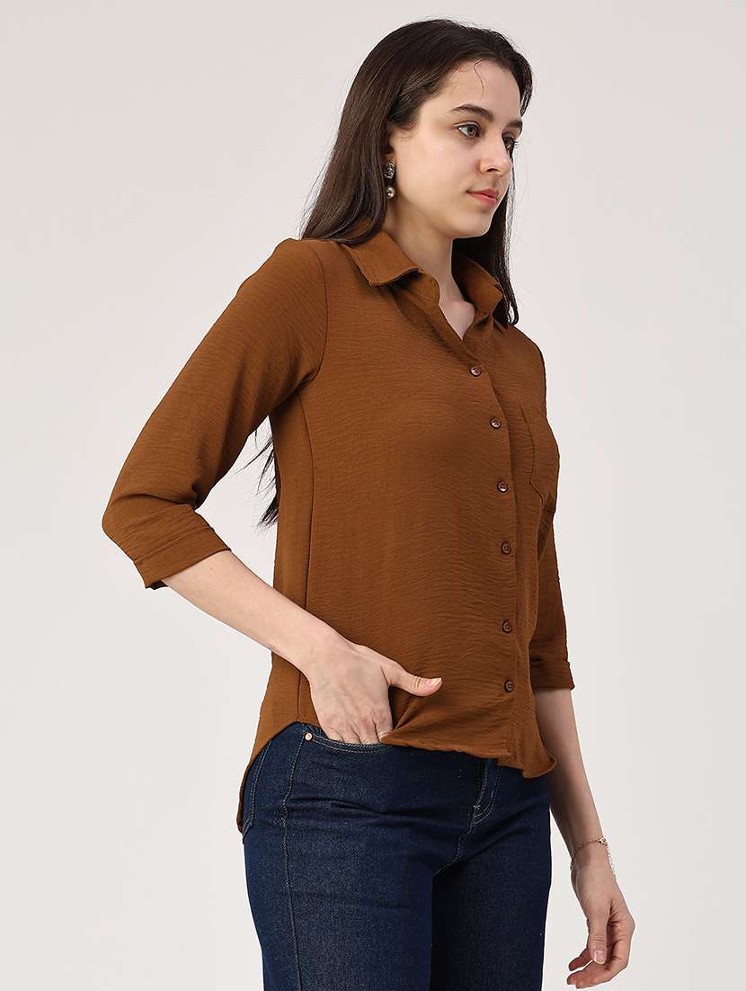 Women Brown Cotton Regular Shirt - 22330634 -  Standard Image - 2