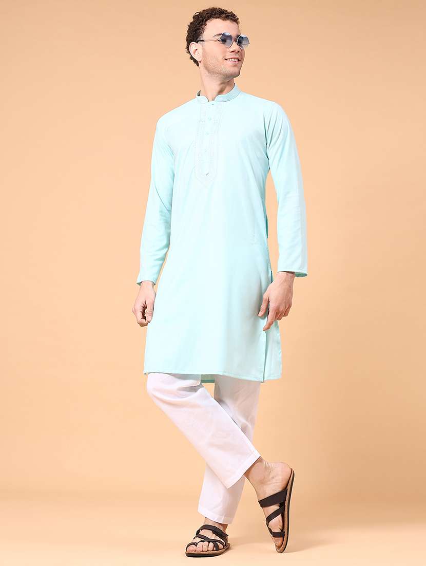 men solid mandarin neck kurta pyjama ethnic wear set