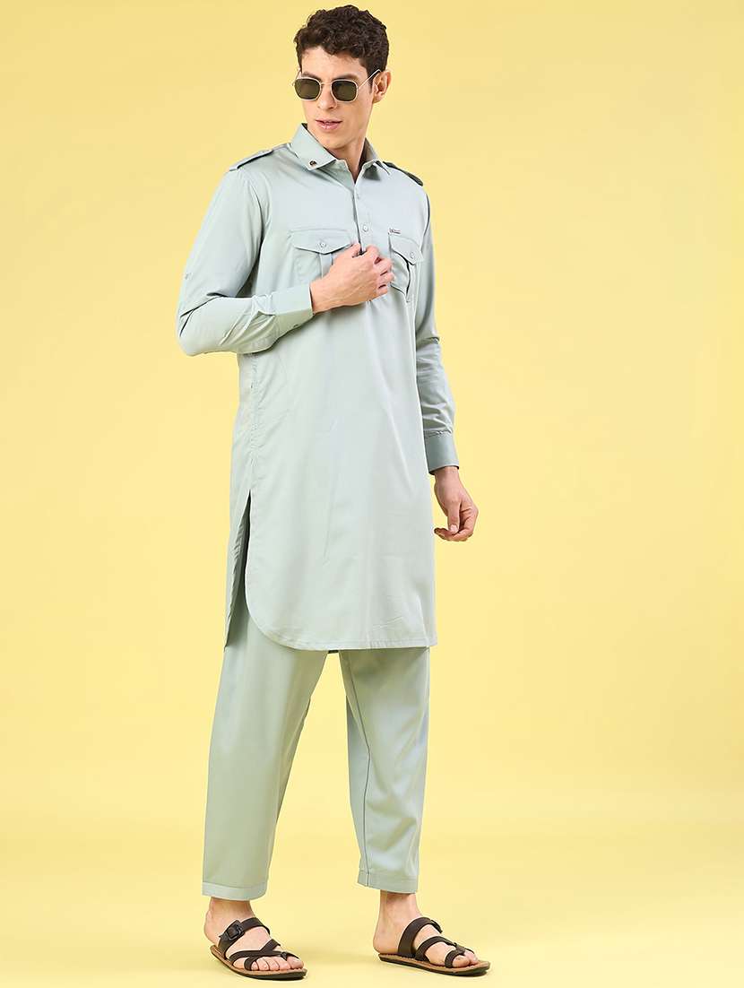 men solid long sleeve pathani ethnic wear set