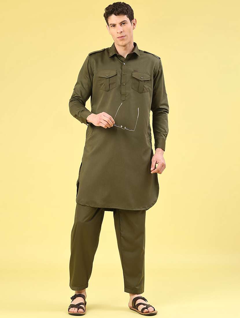 men solid long sleeve pathani ethnic wear set