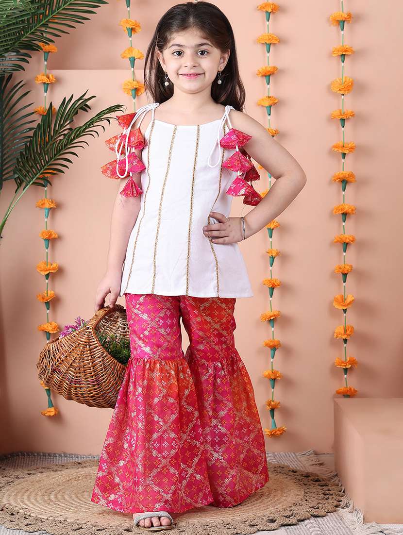 girls printed sleeveless kurta and sharara set 
