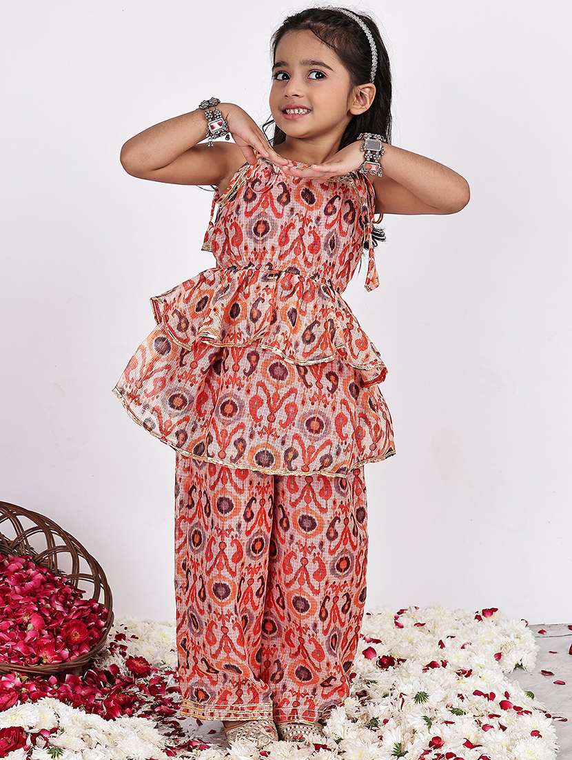 girls printed sleeveless kurta and palazzo set 