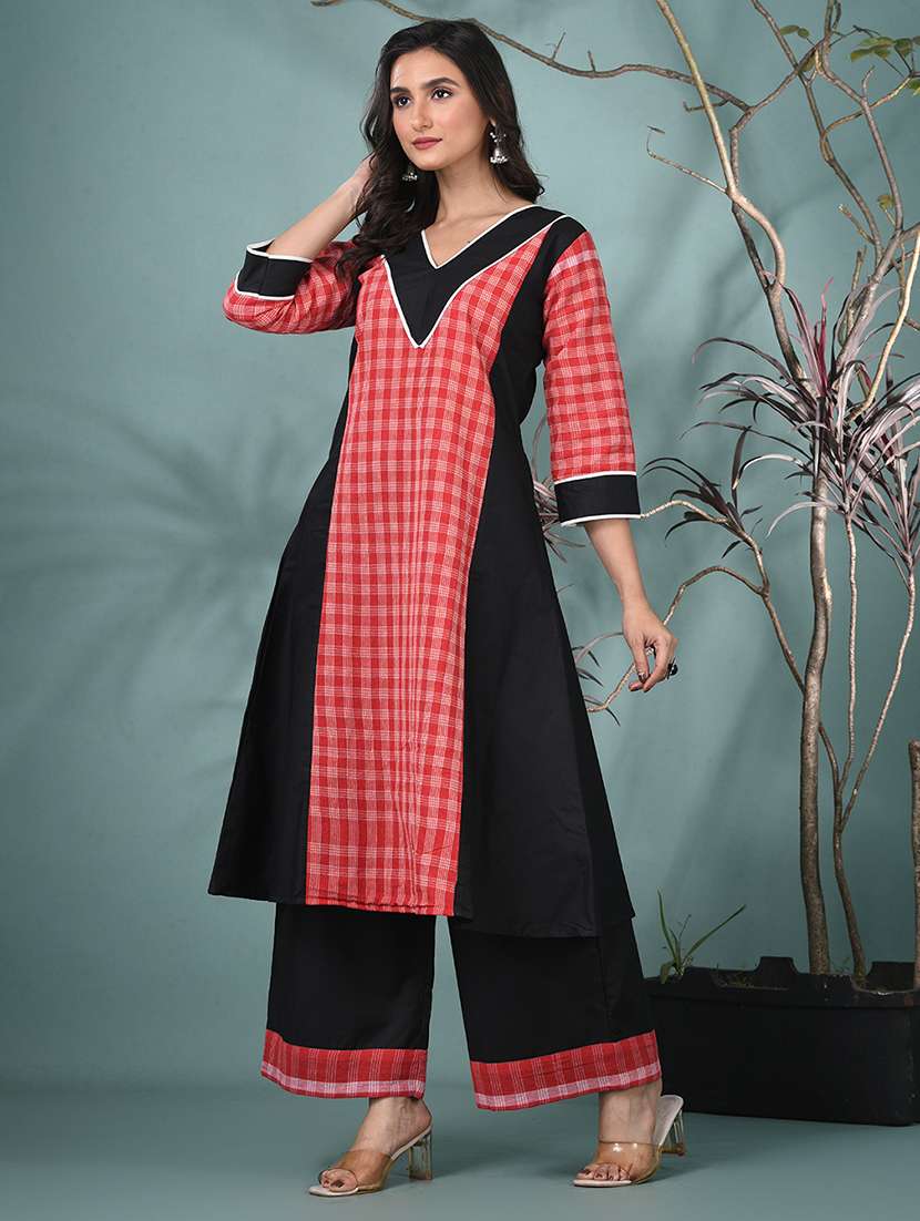 women checkered three quarter sleeve kurta palazzo set - 22331449 -  Standard Image - 2