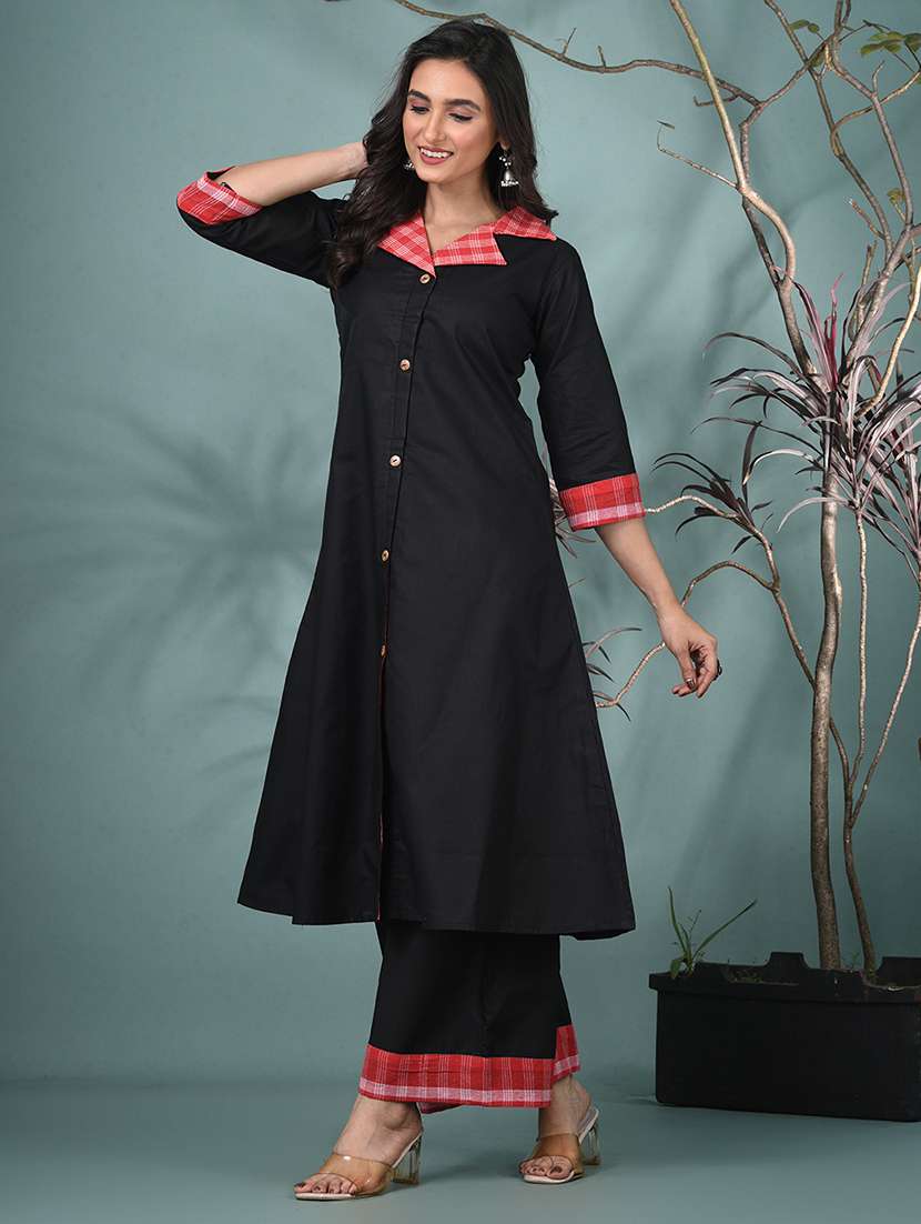 women solid three quarter sleeve kurta palazzo set - 22331450 -  Standard Image - 2