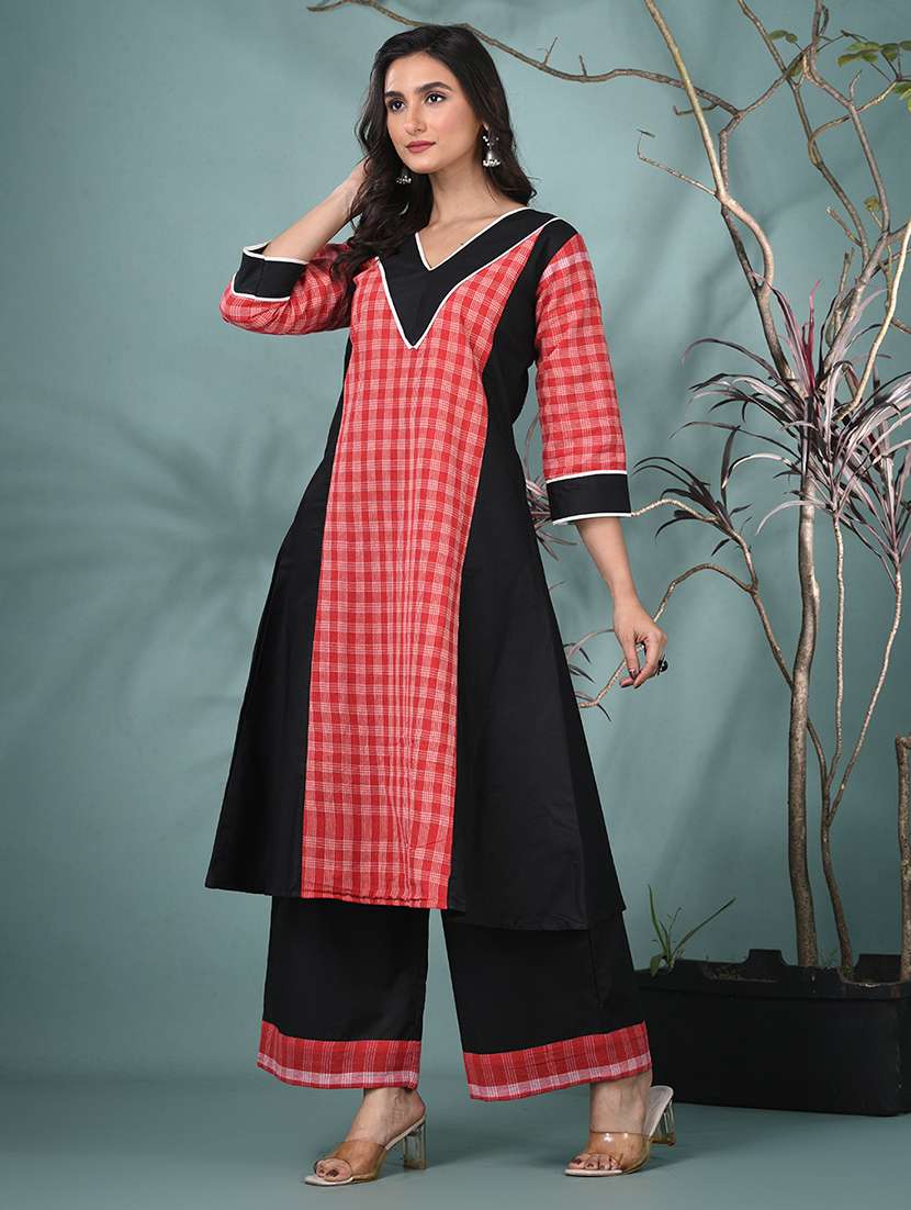 women checkered three quarter sleeve a-line kurta - 22331451 -  Standard Image - 2
