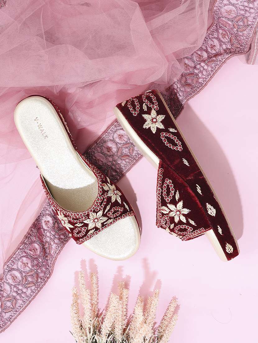 women embroidered slip on wedges