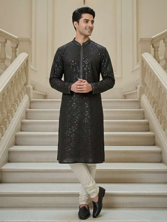 men solid with work mandarin neck ethnic wear set