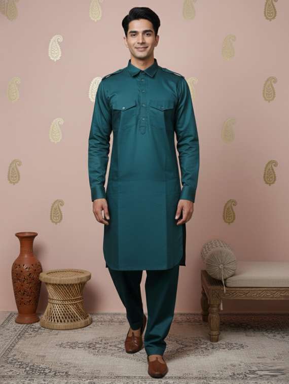 men solid long sleeve pathani ethnic wear set
