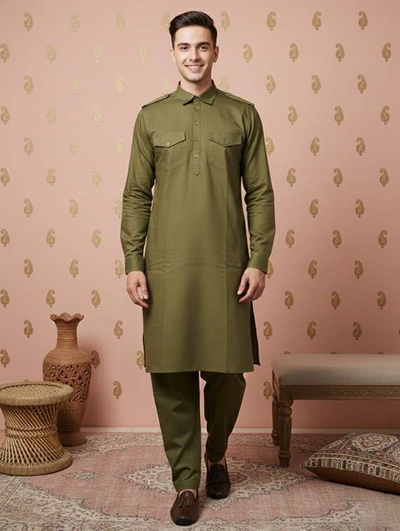men solid long sleeve pathani ethnic wear set