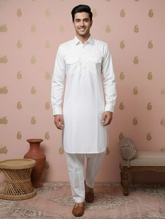 men solid long sleeve pathani ethnic wear set