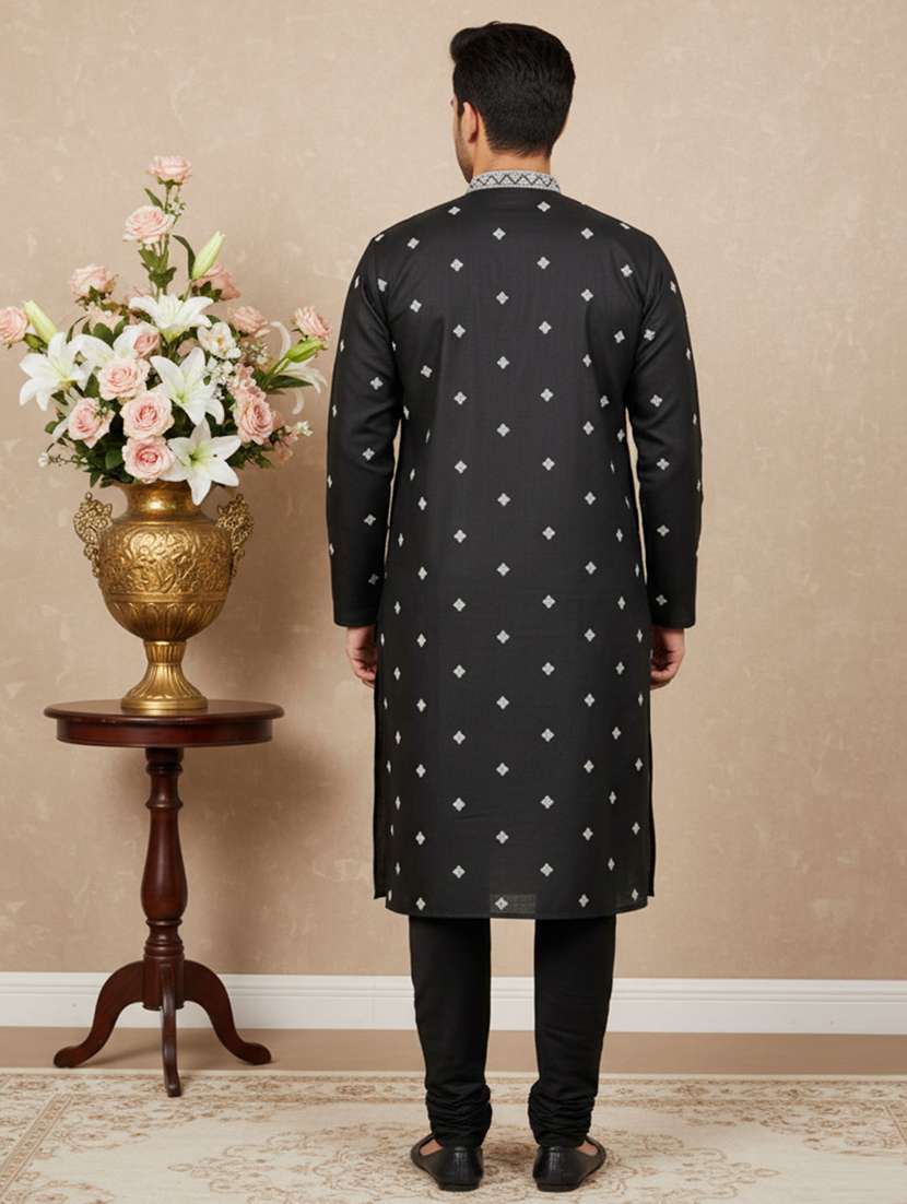 men solid with work mandarin neck long kurta - 22332042 -  Standard Image - 2